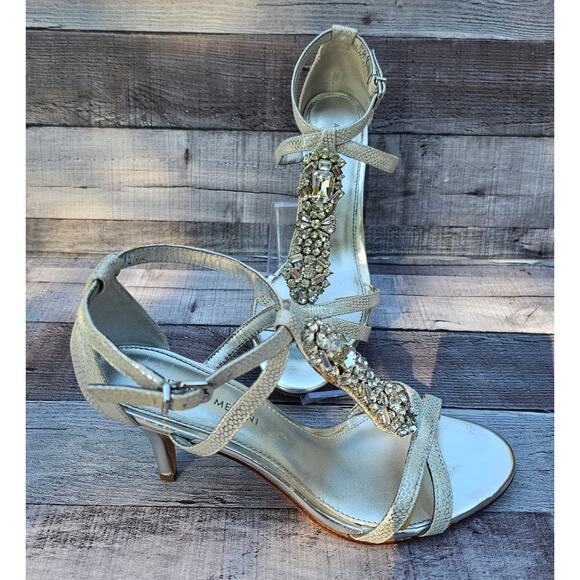 ANTONIO MELANI Silver Crystal Rhinestone T-Strap Heels Sandals Shoes Women's 8M - Picture 2 of 9